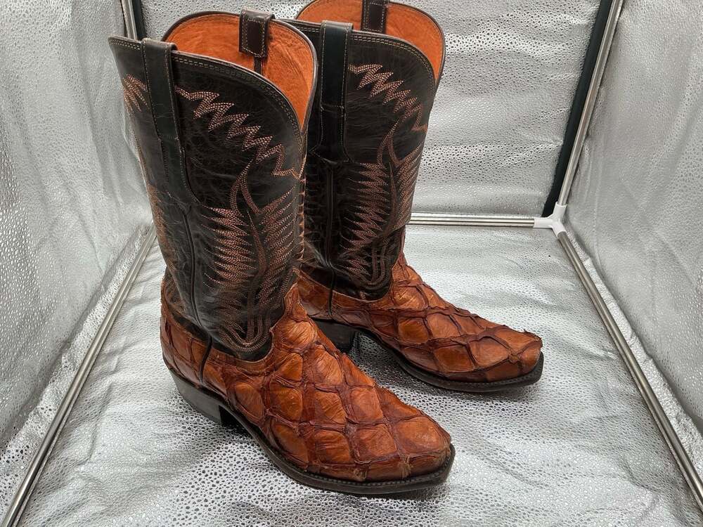 Lucchese Pirarucu Monster Fish Skin Western Cowboy Boots Brown Men’s Size 8EE